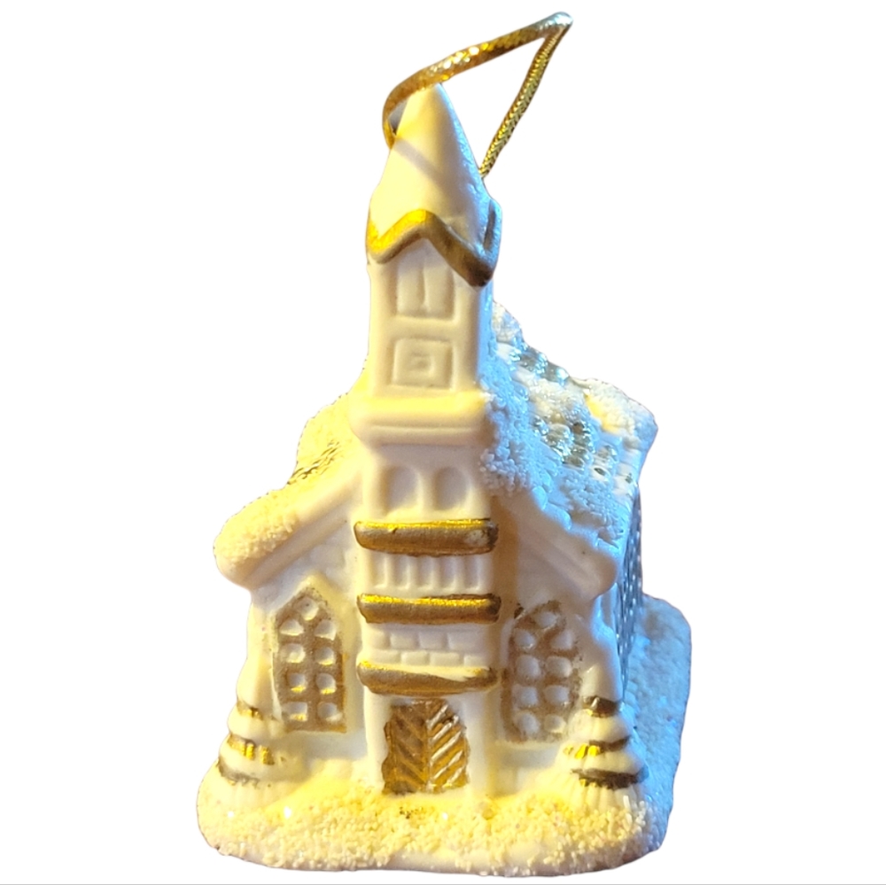 Vtg Church Christmas Ornament Snow Winter Gold Accents